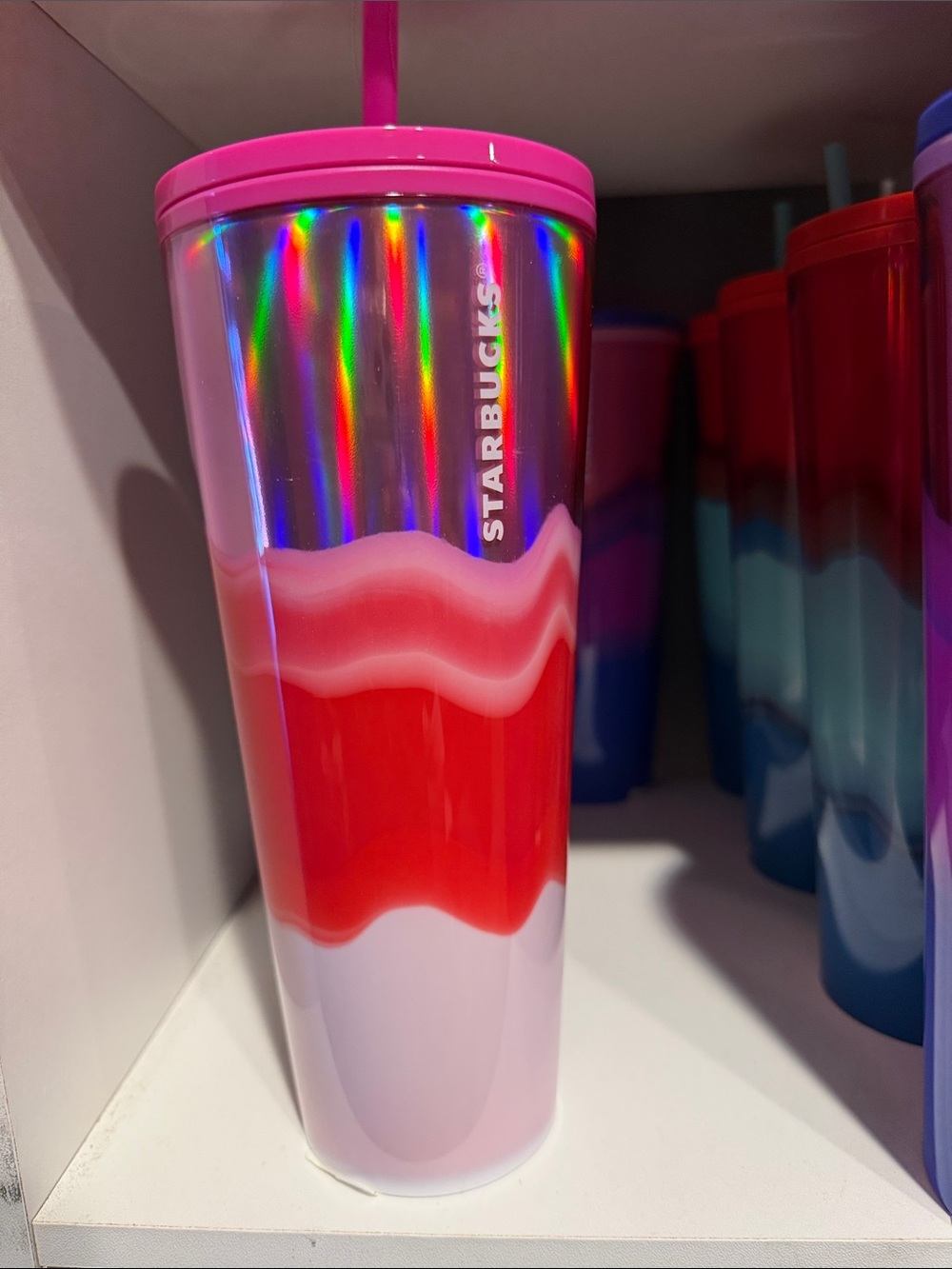Starbucks Pink & Red Holographic Wave Cold Cup with Straw